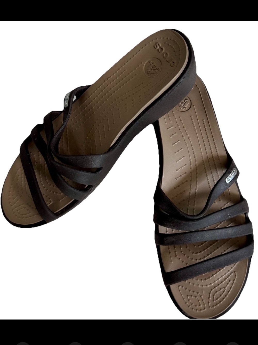 NWOT Crocs Rhonda Brown Strappy Low Wedge Sandals Slip On Women's Size 8